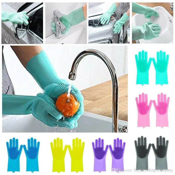 Magic Silicone Dishwashing Gloves with Scrubbers – Reusable Heat Resistant Cleaning Gloves for Kitchen, Car, & Pet Grooming